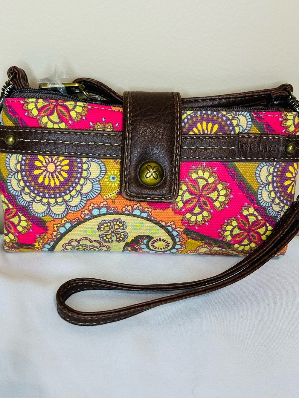 Relic Pink and Brown Floral Paisley Wristlet Clutch